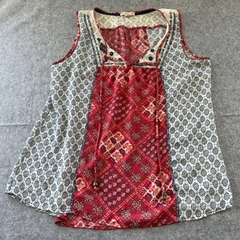 D.B. Boho Tank Top Womens L Red Mixed Print Sleeveless Patchwork beaded blouse
